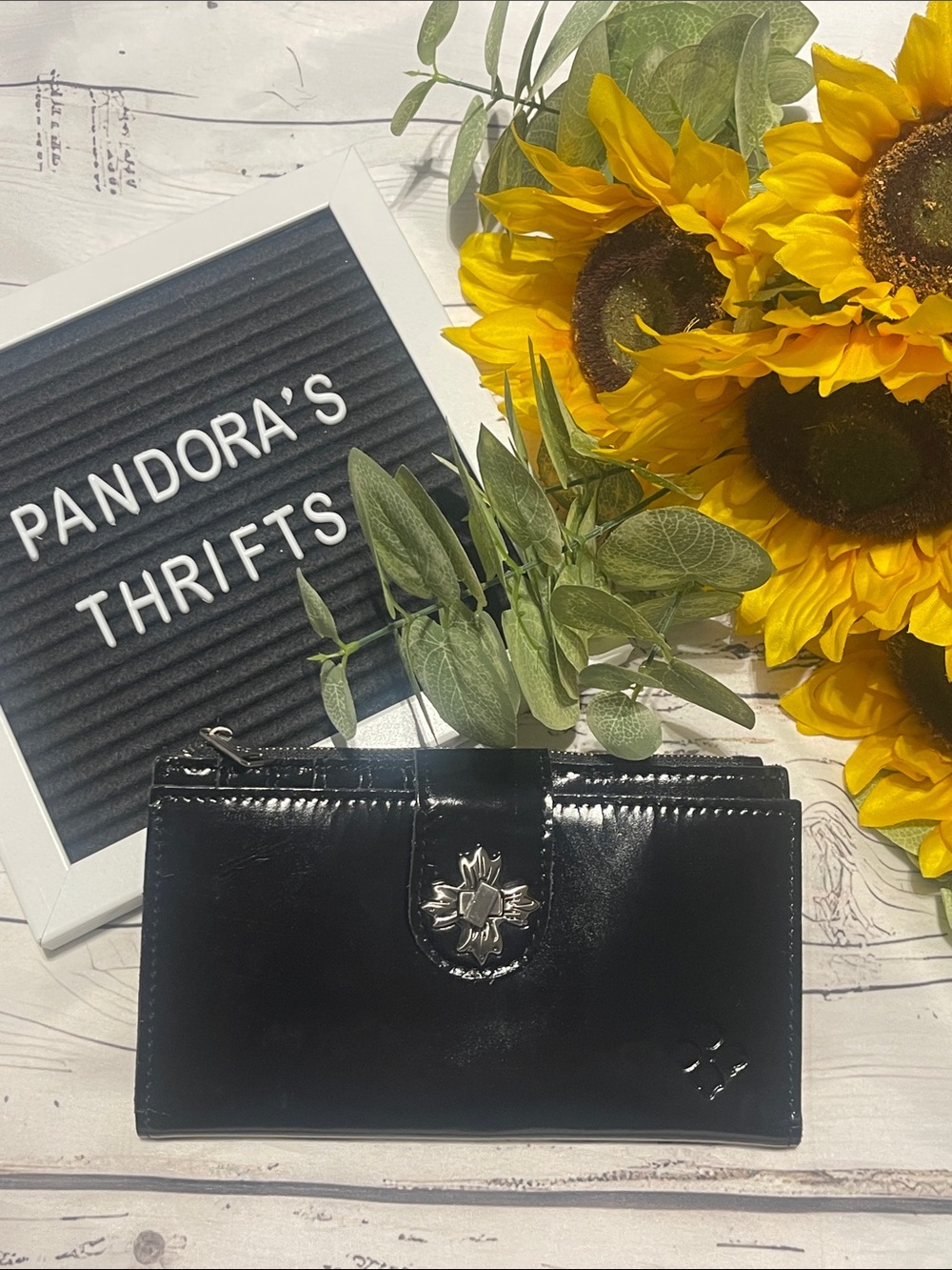 Patricia Nash Black Patent Leather Wallet with Floral Medallion Preowned
